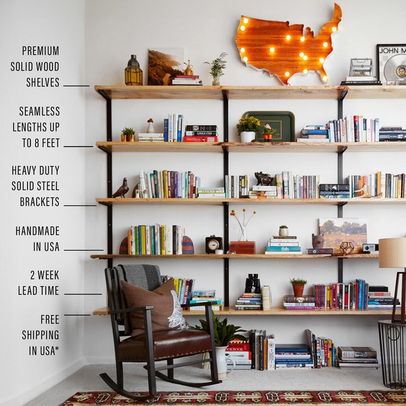 Complete Wall Shelving System 1500mm Wide with Five Solid Ash Shelves