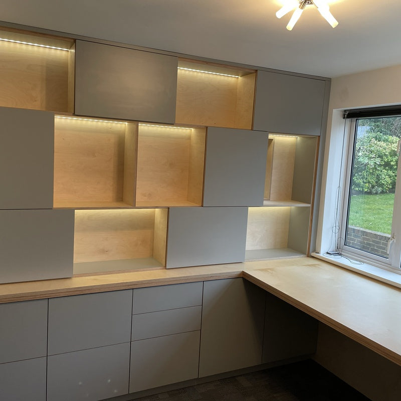 Home Office Wall System 1500mm Wide with a Desk Shelf in Birch Plywood