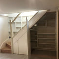 Utility and Boot Room Shelving System Under Stairs 1200mm Wide in Solid Iroko