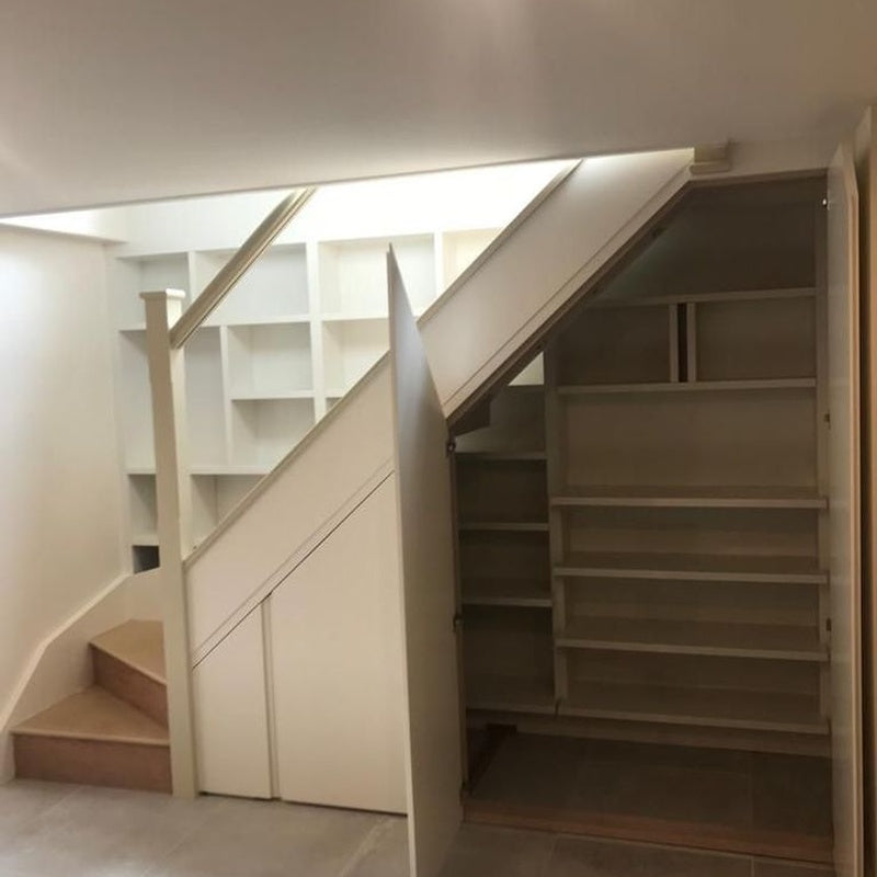 Utility and Boot Room Shelving System Under Stairs 1200mm Wide in Solid Iroko