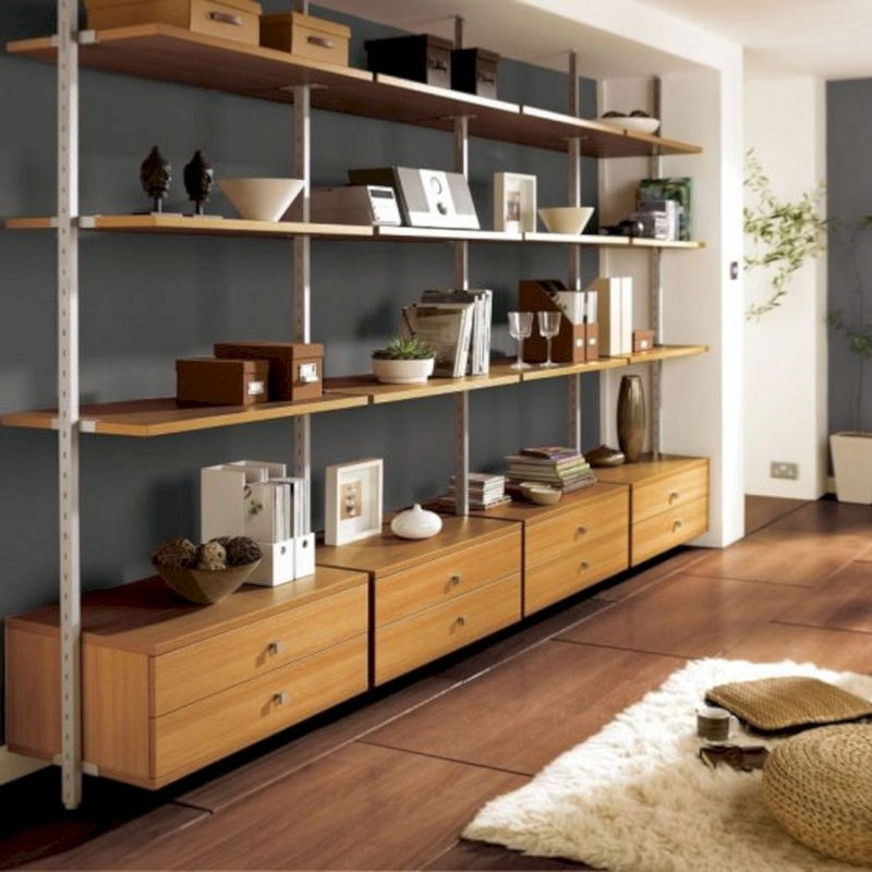 Whole Room Shelving System Three Wall Configuration in Solid Iroko