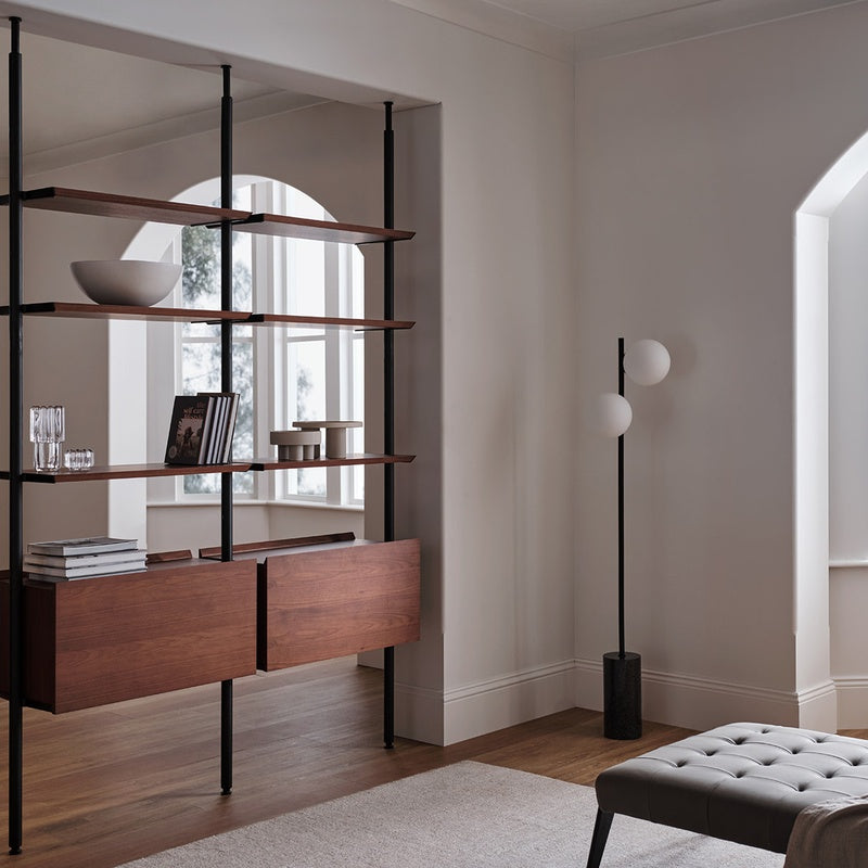 Whole Room Shelving System Two Wall Configuration in Solid Iroko